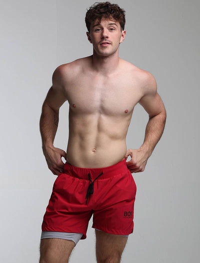 Mens Double Layer Sports Shorts - Crimson