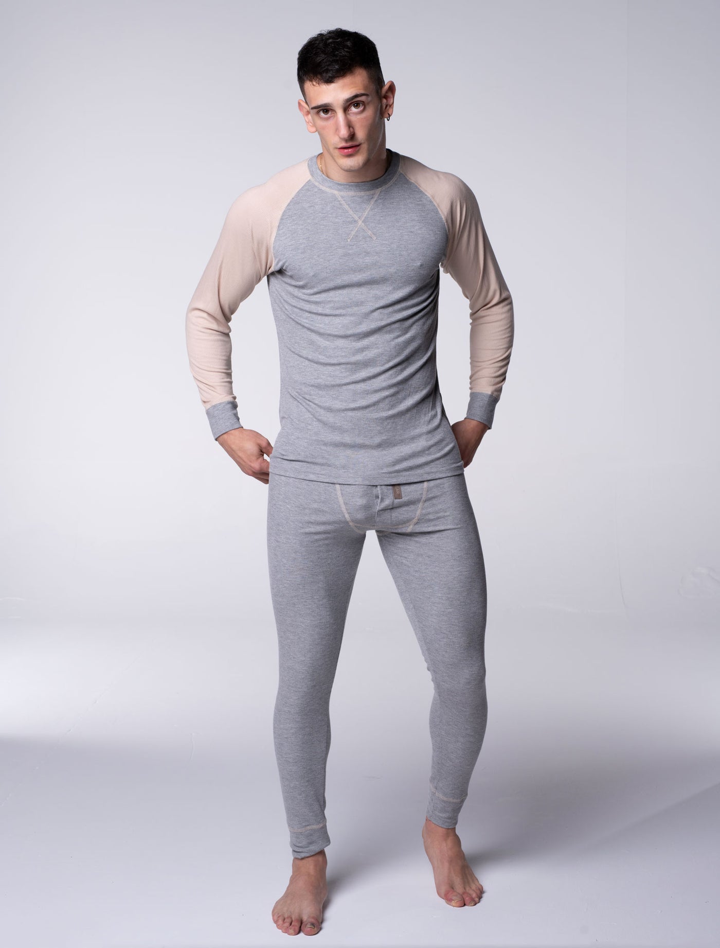 Mens Ribbed Pyjama Sets - Melange Grey